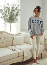 Load image into Gallery viewer, Cozy Season heavyweight crewneck sweatshirt in white, ash gray, and sport gray with navy and white sporty typography for women and unisex sweatshirts