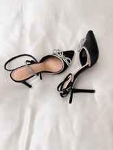 Load image into Gallery viewer, Black Satin Rhinestone Bow Heels For Women