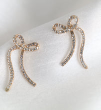 Load image into Gallery viewer, Gold rhinestone bow earrings with swinging ribbon design jewelry for women
