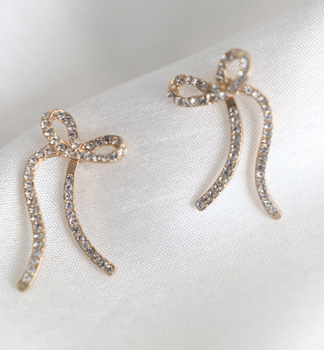 Gold rhinestone bow earrings with swinging ribbon design jewelry for women
