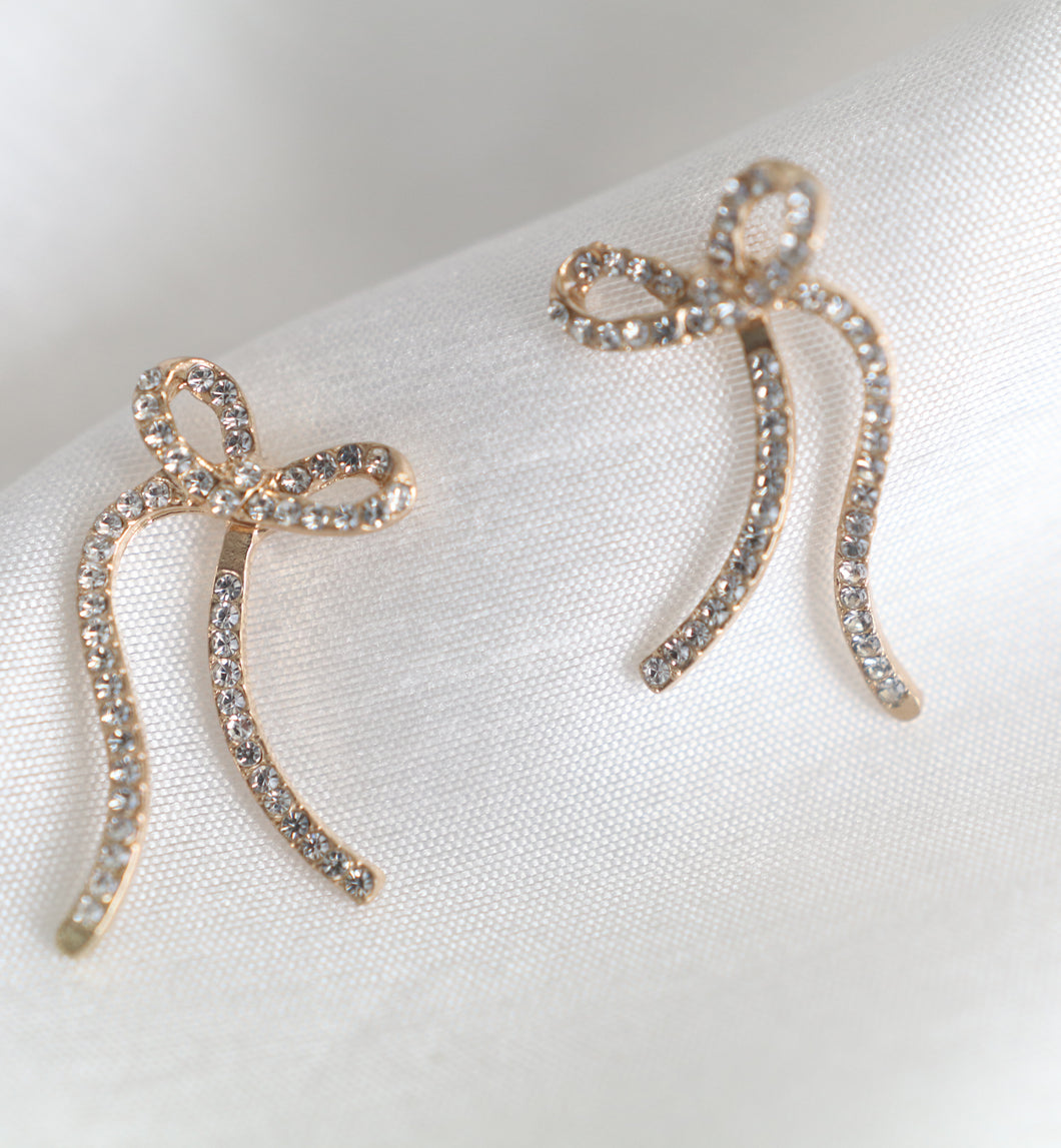 Gold rhinestone bow earrings with swinging ribbon design jewelry for women