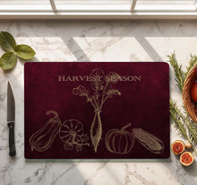 Load image into Gallery viewer, Burgundy glass cutting board with gold line art vegetables and Harvest Season lettering, 11x15 inch tempered glass kitchen decorations Fall Thanksgiving cutting boards
