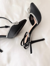 Load image into Gallery viewer, Black Satin Rhinestone Bow Heels For Women
