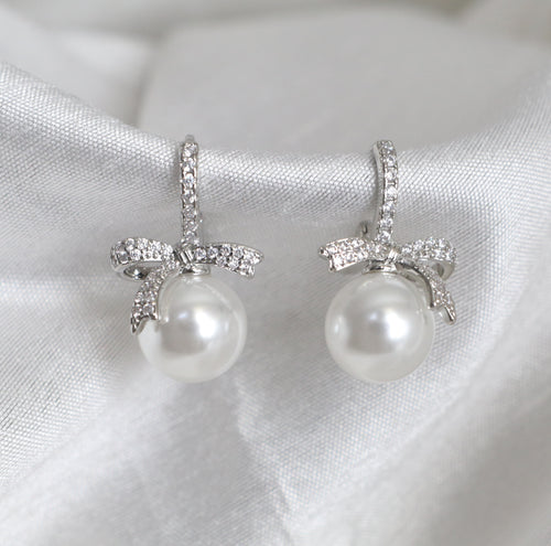 Pearl earrings with silver bows Sterling silver zircon bowknot pearl drop hoop earrings, 1 inch elegant silver tone jewelry