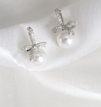 Load image into Gallery viewer, Pearl earrings with silver bows Sterling silver zircon bowknot pearl drop hoop earrings, 1 inch elegant silver tone jewelry
