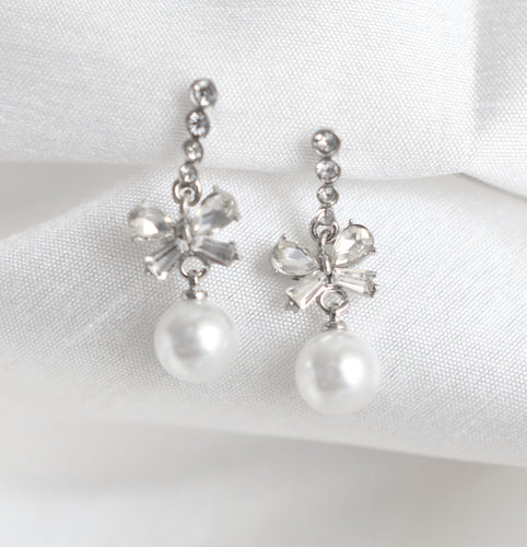 Affordable silver pearl drop earrings with rhinestone flower detail, feminine jewelry for women