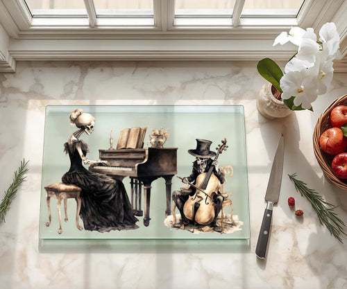 Elegant skeleton woman playing piano and skeleton cellist in tuxedo, 11x15 inch tempered glass cutting board Halloween Decorations