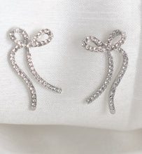 Load image into Gallery viewer, Silver bow-shaped earrings with rhinestones trendy holiday earrings for women
